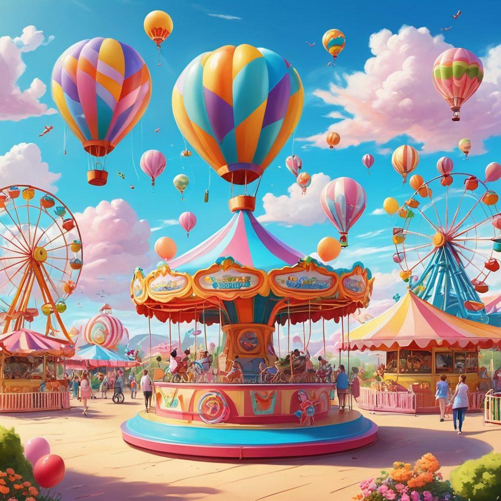 A whimsical landscape featuring a colorful amusement park with quirky rides, cheerful characters engaging in fun activities, and vibrant pops of color. In the sky, fluffy clouds shaped like balloons and kites, all set against a bright sun radiating joy. Include elements like a cotton candy stand and a merry-go-round. cartoonish style. vibrant colors. playful atmosphere.