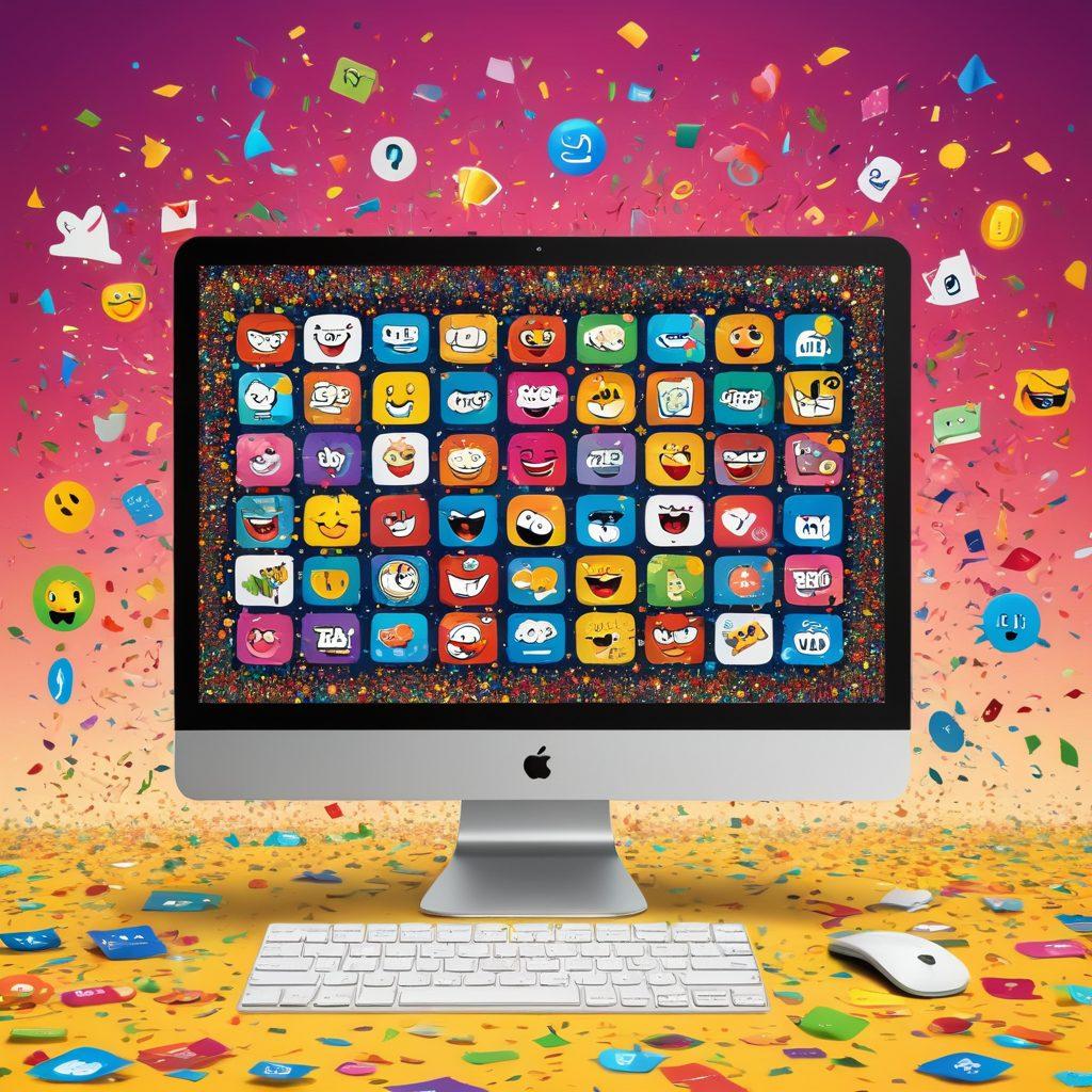 A whimsical illustration of a computer screen displaying an array of funny website logos and memes, surrounded by vibrant cartoon characters laughing joyfully. The background features colorful confetti and playful animations like bouncing emojis to emphasize laughter and entertainment. Bright colors and a cheerful ambiance should dominate the scene. cartoon art style. vibrant colors. playful design.