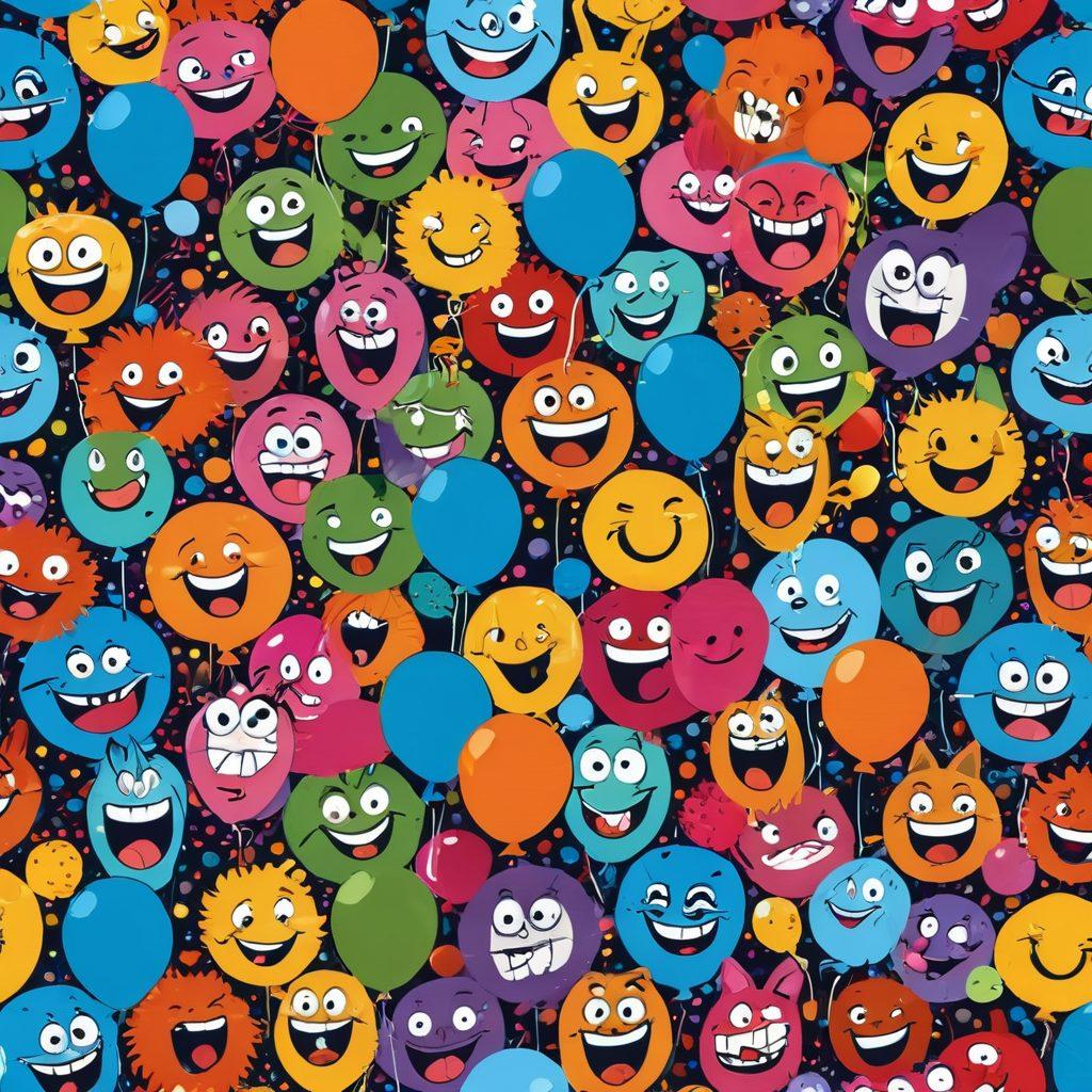 A whimsical collage of diverse cartoon characters laughing and engaging with fun website interfaces, featuring vibrant colors and exaggerated expressions. Include a computer screen displaying a variety of comical memes and icons that represent humor. The background should be playful and inviting, with elements like confetti and balloons to emphasize amusement. super-realistic. vibrant colors. playful theme.